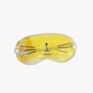 Yellow cat-shaped cooling gel eye mask with meow print and white hanging clip