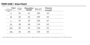 Detailed size chart for faux fur jacket including S to 3XL measurements in centimeters