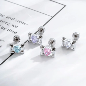 Screw-back bow stud earrings with heart zirconia in blue, purple, pink and white