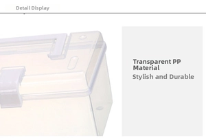Macro detail of transparent PP storage box with durable white locking buckles