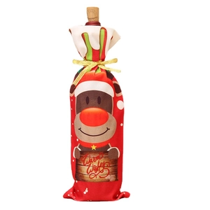Christmas wine bottle cover with elk pattern, Warm Wishes text, and gold bow decoration