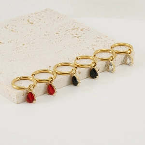 Titanium steel earrings with colorful zircon drops in gold, red, black and clear gems