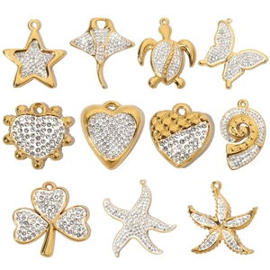 Stainless Steel Rhinestone Pendants DIY Jewelry Making Charms Star Heart Butterfly Sea Life Shapes Gold Plated