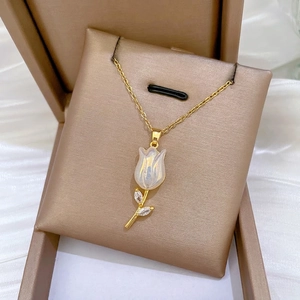 Luxurious tulip pendant necklace with iridescent petals and gold-plated chain in a gift box