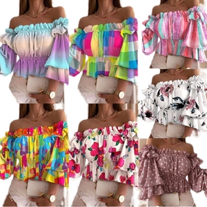 Damen schulterfreies Chiffon-Top mit Rüschenärmeln und elastischem Taillendesign