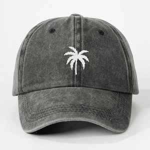 Vintage washed charcoal baseball cap with white palm tree embroidery and curved brim