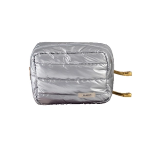 Quilted silver puffer cosmetic bag with metallic finish and large capacity storage