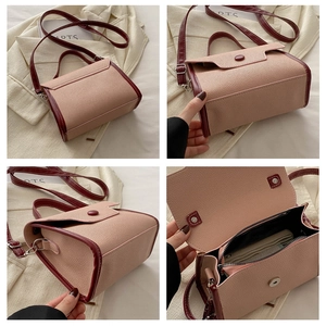 Detailed views of pink and burgundy patchwork handbag with pebble grain texture and interior