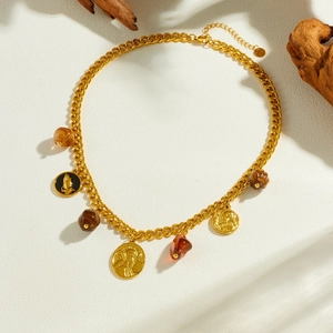Vintage gold plated stainless steel coin necklace with brown resin beads and Cuban chain