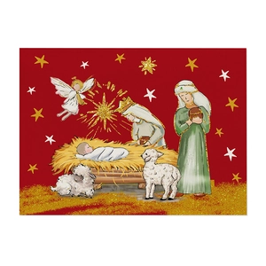 Nativity scene Christmas placemat with Virgin Mary and baby Jesus on red background
