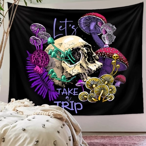 Psychedelic mushroom skull tapestry with Let's TAKE a TRIP text for bedroom wall decor
