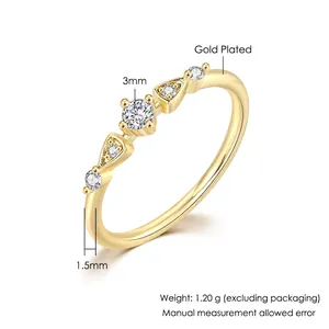 Minimalist gold plated ring with 3mm white zircon stone and 1.5mm thin band for women