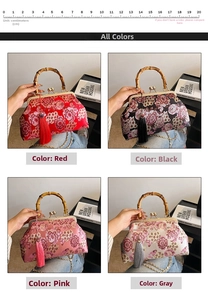 Macro display of four color options for the floral evening bag with bamboo handle