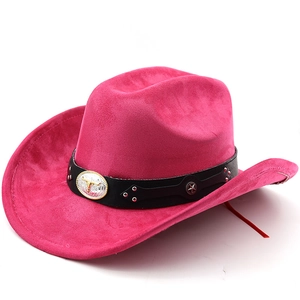 Detail of rose red suede cowboy hat with bull head buckle and silver star rivets