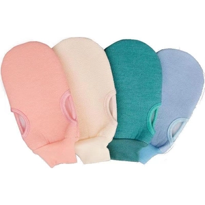 Set of four colorful exfoliating bath gloves with thumb hole and ribbed cuffs