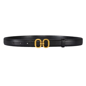 Elegant thin black leather belt for women with a classic gold double-oval buckle