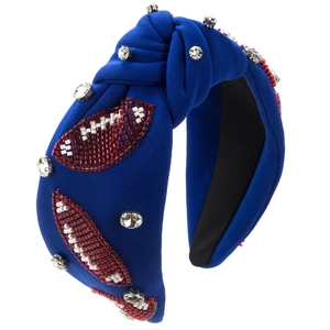 Detail of royal blue knotted headband with hand-stitched rugby crystal and beadwork