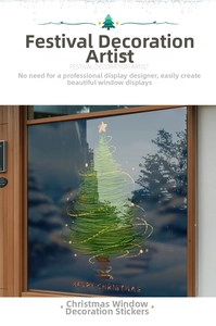 Detail view of a green Christmas tree window sticker with Merry Christmas text on glass