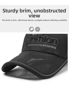 Close-up of black breathable mesh baseball cap with detailed fashion embroidery