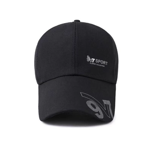 Detail of V7 SPORT embroidery and 97 print on black cotton twill baseball cap