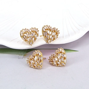 Heart Stud Earrings Copper Hollow Micro Paved Cubic Zirconia Minimalist Vintage Style Jewelry For Women