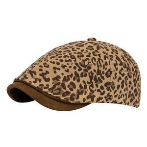 Vintage leopard print ivy cap with brown faux suede brim and canvas texture
