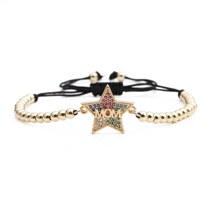 Verstellbares MAMA Stern-Armband in Gold mit bunten Zirkonia und schwarzer Kordel