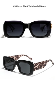Detail view of square black sunglasses with tortoiseshell temples and gold metal accents