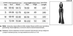 Size chart showing bust, waist, and hip measurements for lace halter neck flare jumpsuit