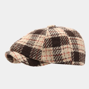 Vintage plaid newsboy cap in brown and beige wool blend fabric with a short brim