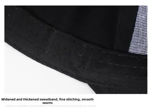 Close-up of black baseball cap showing the widened sweatband and fine stitching detail