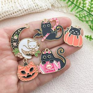 Set of 5 Halloween enamel charms featuring black cats and pumpkins on gold metal bases