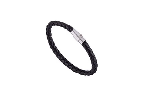 Close-up of black braided leather bracelet with a polished silver magnetic clasp