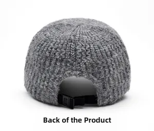Detail of dark grey knit baseball cap back view with adjustable black strap and buckle