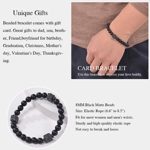 Detail view of 8mm matte black stone beaded bracelet with adjustable elastic cord