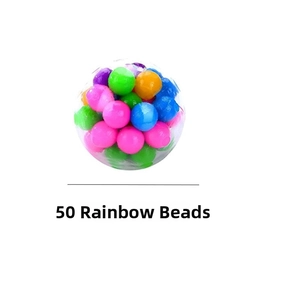Detailed view of 50 rainbow gel beads inside a transparent stress relief squeeze ball