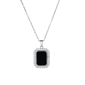 Minimalist geometric square titanium steel necklace with black stone and silver chain