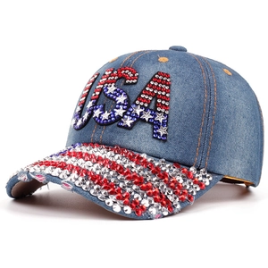 Blue denim baseball cap with USA rhinestones and sparkly striped crystal brim design
