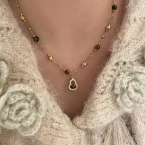 Gourd Pendant Necklace 18K Gold Plated Copper Tiger Eye Stone Rhinestone Inlaid New Chinese Vintage Clavicle Chain For Women