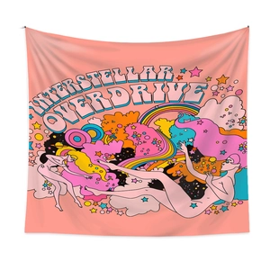 Detail of pink psychedelic tapestry with Interstellar Overdrive art for room decor