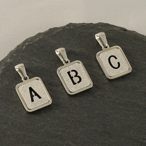 Modern stainless steel initial pendants A B C with frosted sand finish and polished edges