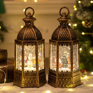 Bronze Christmas lanterns with glowing LED light, snowman and tree figurines set