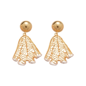 Elegant gold-plated metal fan-shaped hollow drop earrings with sophisticated woven texture