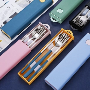 Portable stainless steel cutlery set with travel case in multiple vibrant colors