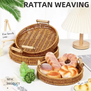 Hand-Woven Bread Basket Imitation Rattan Fruit Tray With Wood Handles Kitchen Storage Container For Home Desktop Organizer