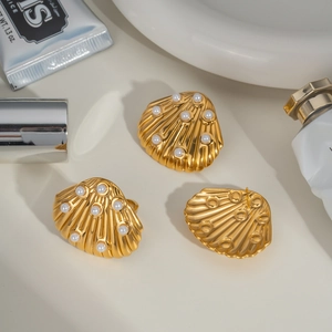 Stainless Steel Ocean Shell Artificial Pearl Earrings And Adjustable Ring Luxury Elegant Gold Plated Waterproof Hypoallergenic For Women