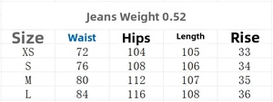 Size chart detail for washed denim jeans set with measurements for XS to L sizes
