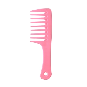 Pink wide-tooth hair comb with large teeth and hanging hole for curly hair styling