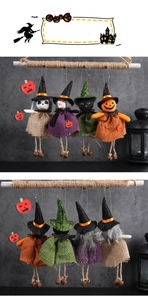 Detailed front and back views of Halloween hanging dolls with bells and mesh skirts