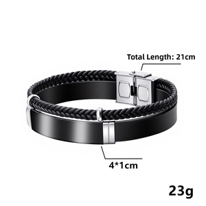 Detail view of double-layer braided leather bracelet with 21cm length dimensions
